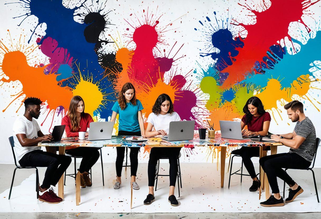 A vibrant collage depicting artists passionately creating bold and unfiltered content, featuring diverse individuals with paint splatters, digital devices, and expressive gestures in a modern studio setting. The background merges elements of traditional art with digital design, symbolizing the blend of creativity and technology. Bright colors highlight the energy and emotion of the scene. surrealism. vibrant colors. white background.